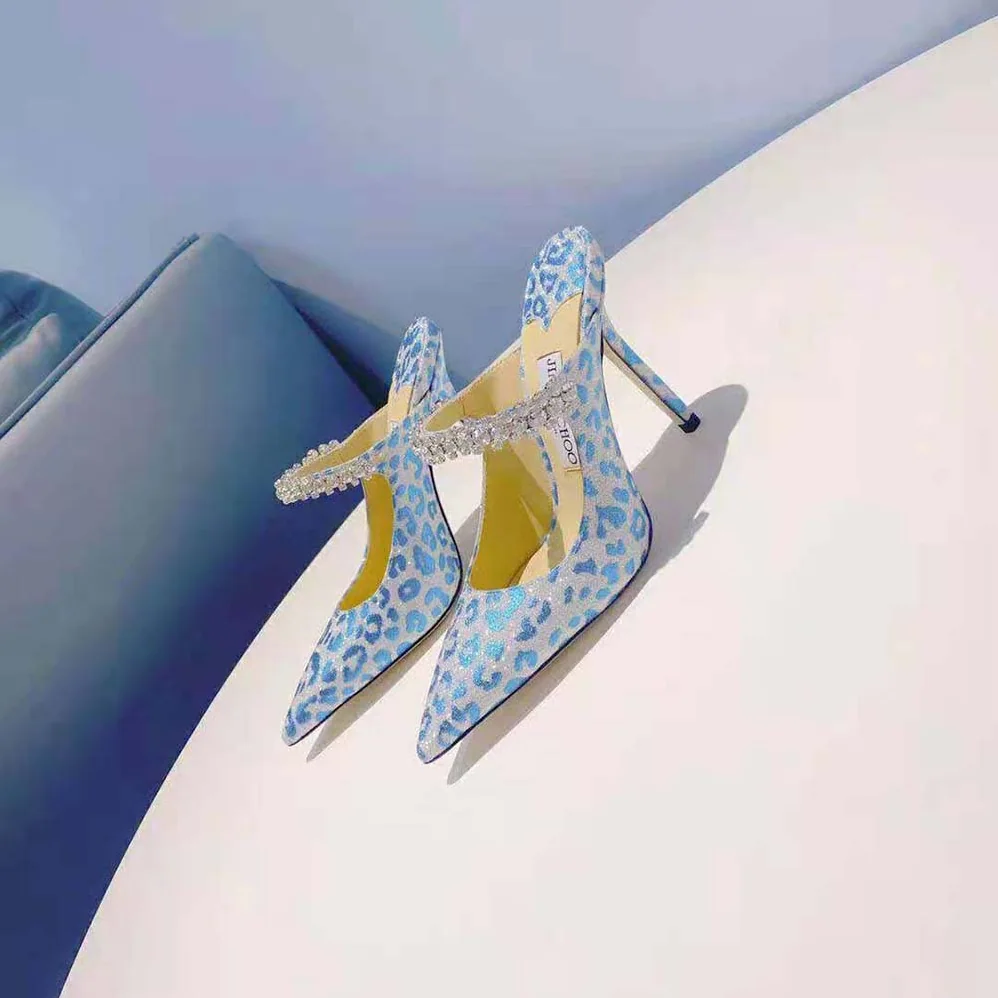 Jimmy Choo Bing 100 Butterfly Blue Leopard Print Glitter Mules with Crystal Strap for Women