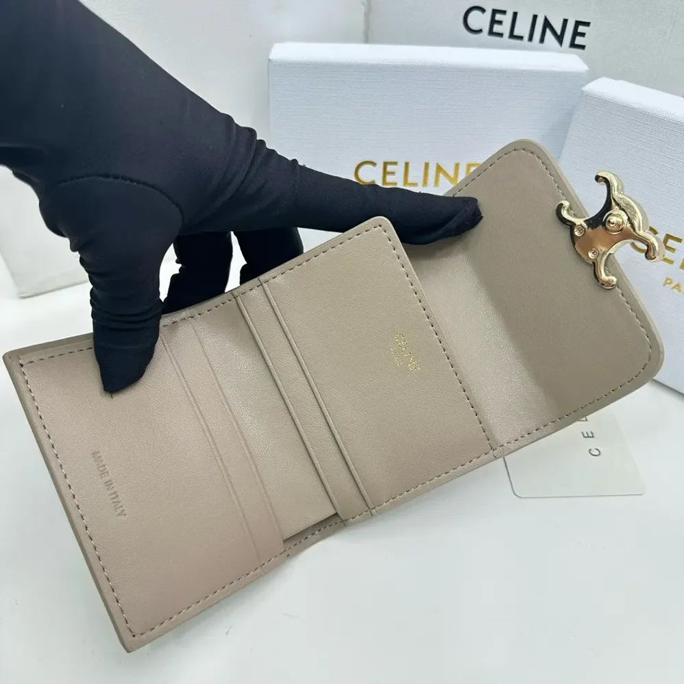 Celine Compact Wallet with Coin Triomphe in Shiny Calfskin for Women in Grey Celine Compact Wallet with Coin Triomphe in Shiny Calfskin for Women in Grey