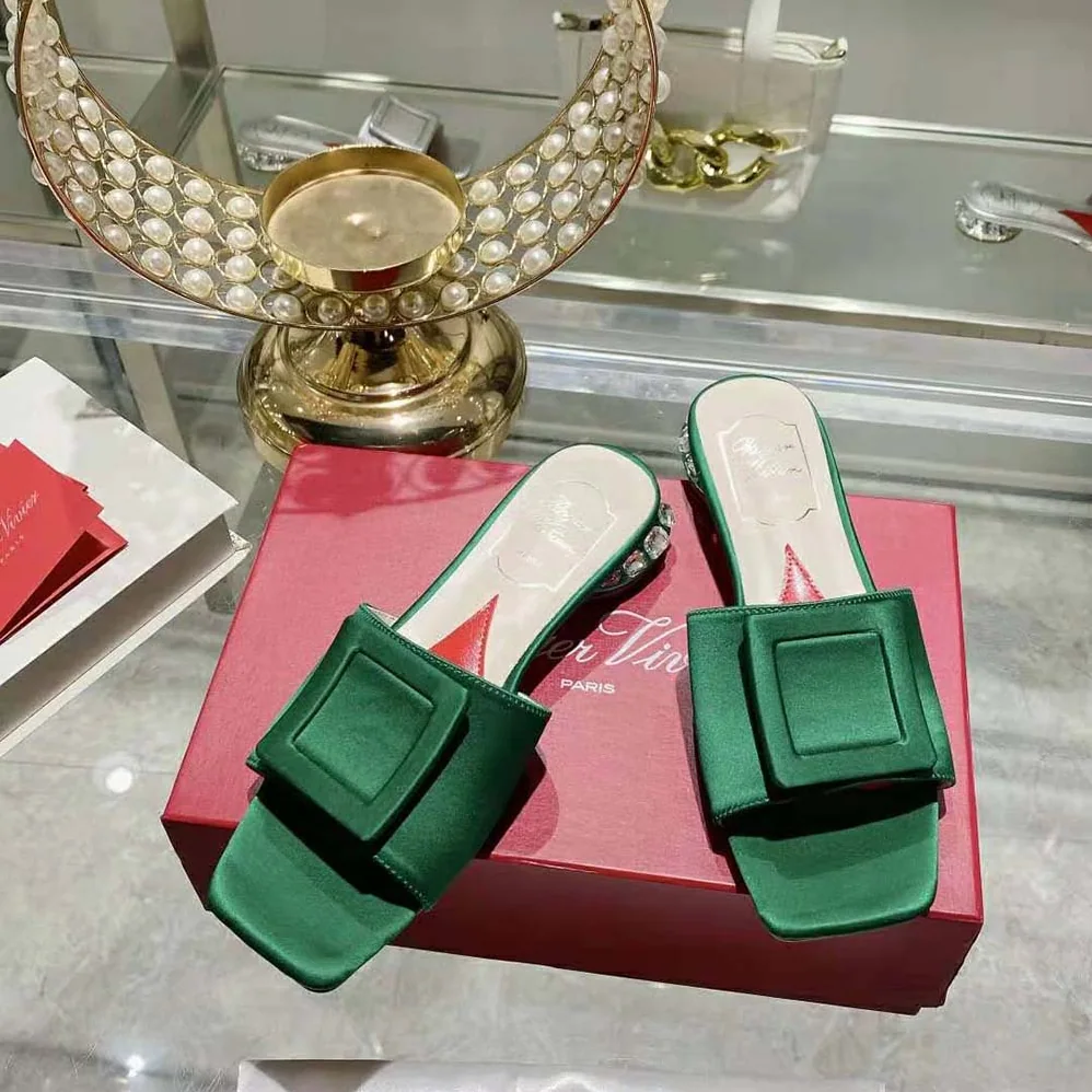 Roger Vivier Strass Heel Covered Buckle Mules in Satin for Women in Green Roger Vivier Strass Heel Covered Buckle Mules in Satin for Women in Green