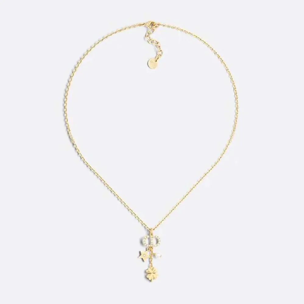 Dior Petit CD Lucky Charms Necklace Gold-Finish Metal with a White Resin Pearl and Silver for Women in Tone Crystals Dior Petit CD Lucky Charms Necklace Gold-Finish Metal with a White Resin Pearl and Silver for Women in Tone Crystals