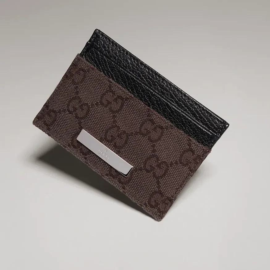 Gucci Card Case With Gucci Plaque / Dark Brown Canvas Palladium Hardware