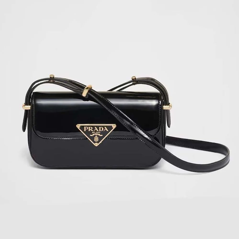 Prada Patent Leather Shoulder Bag with Flap for Women in Black