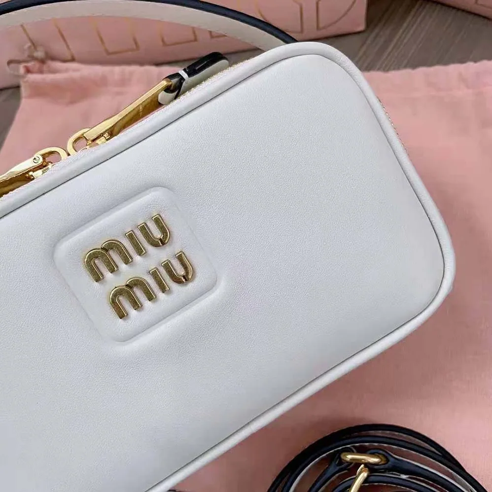 Miu Miu Arcadie Leather Bag with Metal Lettering Logo for Women in White Miu Miu Arcadie Leather Bag with Metal Lettering Logo for Women in White