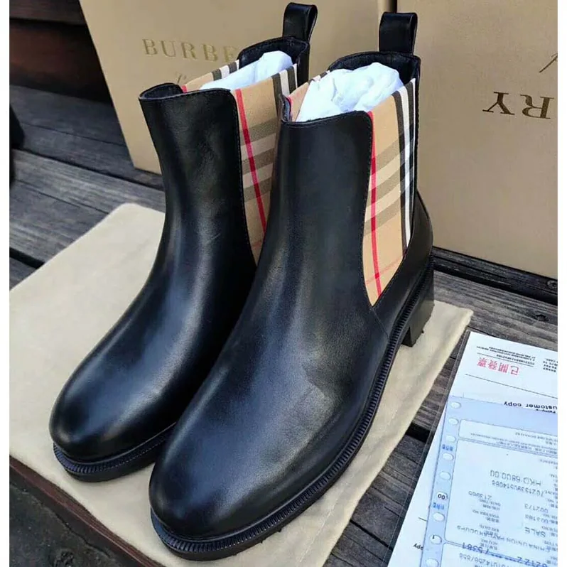 Burberry Vintage Check Detail Leather Chelsea Boots for Women in Black Burberry Vintage Check Detail Leather Chelsea Boots for Women in Black