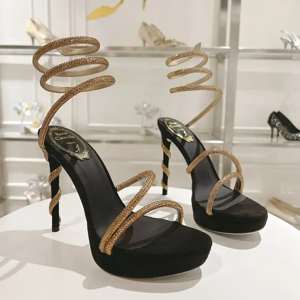 Rene Caovilla Margot Crystal Black-gold Platform Sandal 130 for Women Rene Caovilla Margot Crystal Black-gold Platform Sandal 130 for Women