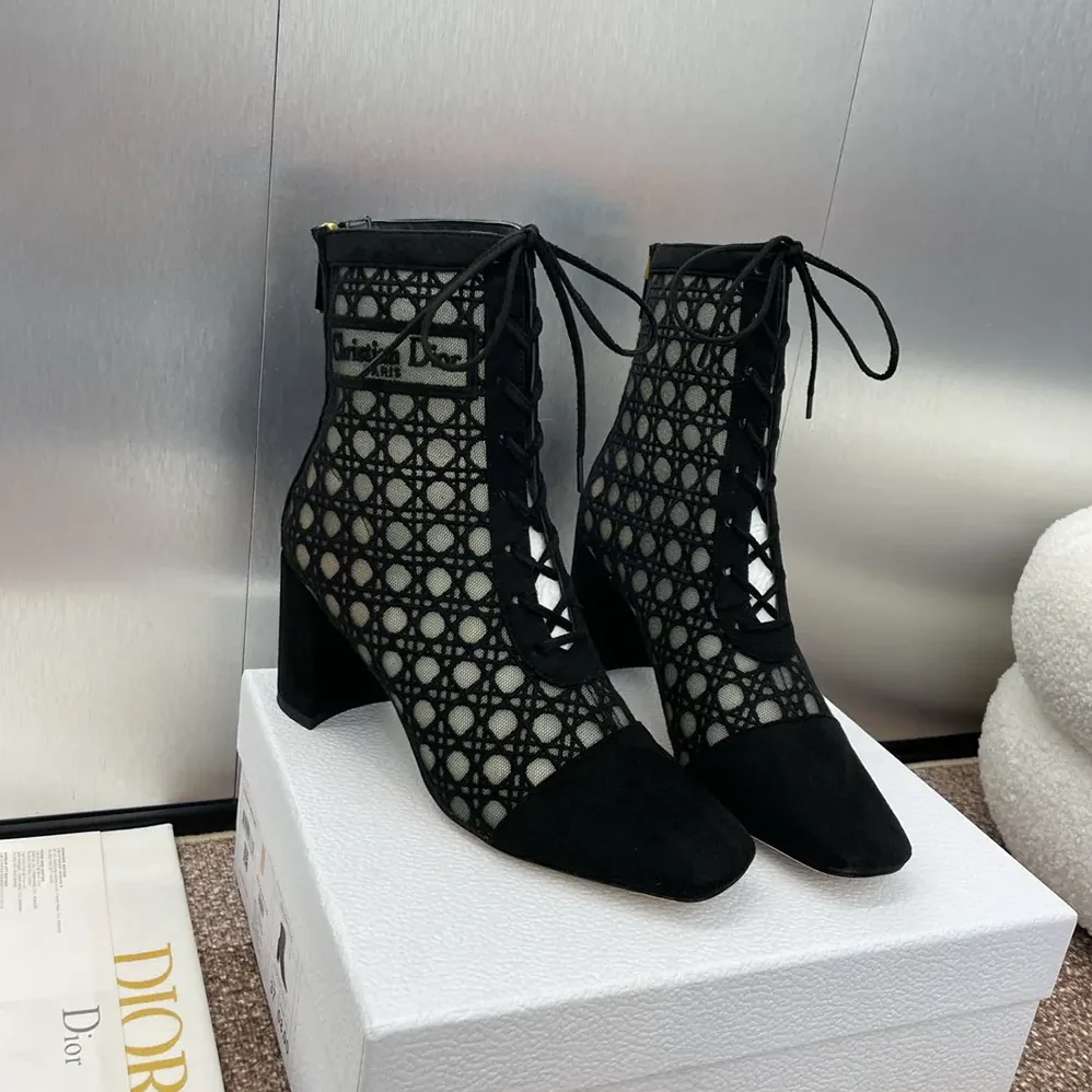 Dior Naughtily-D Heeled Ankle Boot Transparent Mesh Embroidered with Black for Women