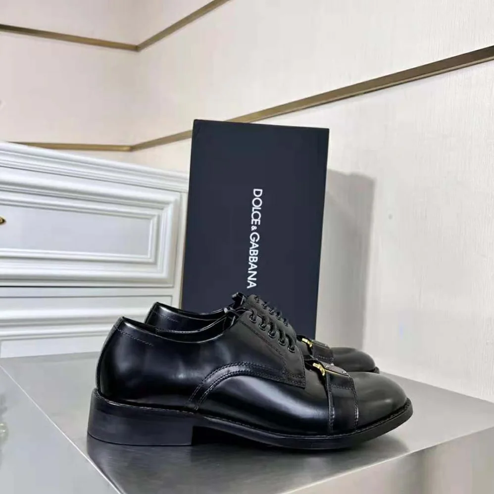 Dolce Gabbana D&G Brushed Calfskin Derby Shoes with Branded Plate for Men