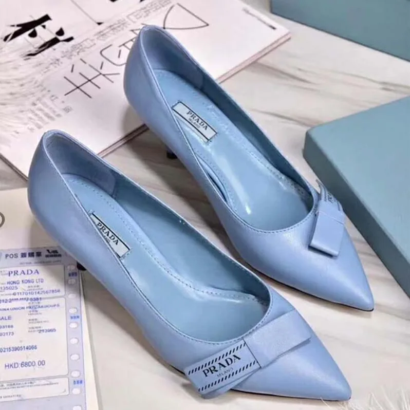 Prada Shoes Leather Pumps with Bow 55mm Heel for Women in Blue Prada Shoes Leather Pumps with Bow 55mm Heel for Women in Blue