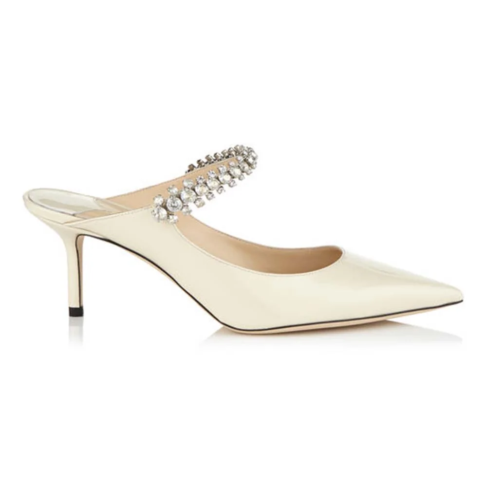Jimmy Choo Shoes Bing 65 Linen Patent Leather Mules with Crystal Strap for Women Jimmy Choo Shoes Bing 65 Linen Patent Leather Mules with Crystal Strap for Women