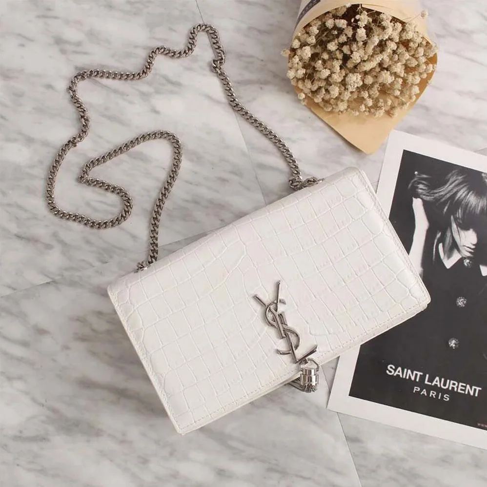 Saint Laurent YSL Kate Small Tassel Embossed Crocodile Shiny Calfskin for Women in White Saint Laurent YSL Kate Small Tassel Embossed Crocodile Shiny Calfskin for Women in White