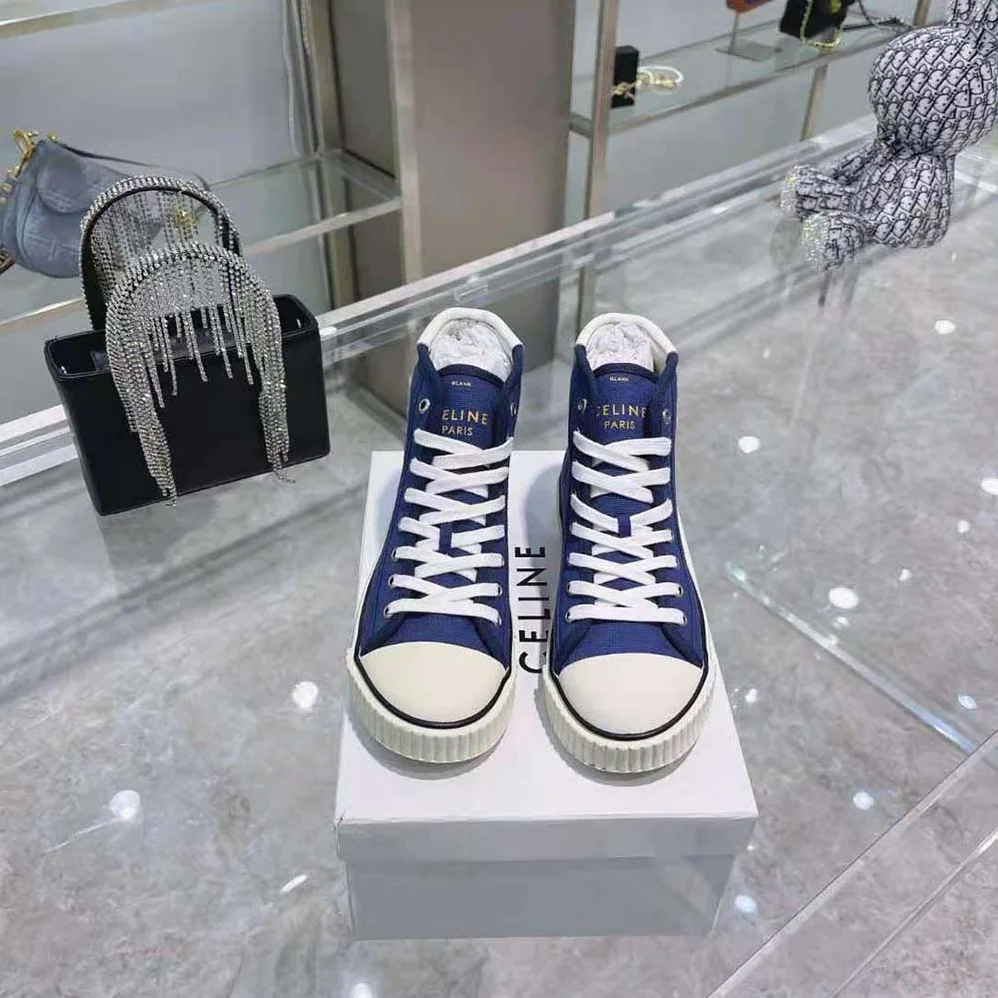 Celine Blank Mid Lace up Sneaker with Toe Cap in Canvas and Calfskin for Women Celine Blank Mid Lace up Sneaker with Toe Cap in Canvas and Calfskin for Women