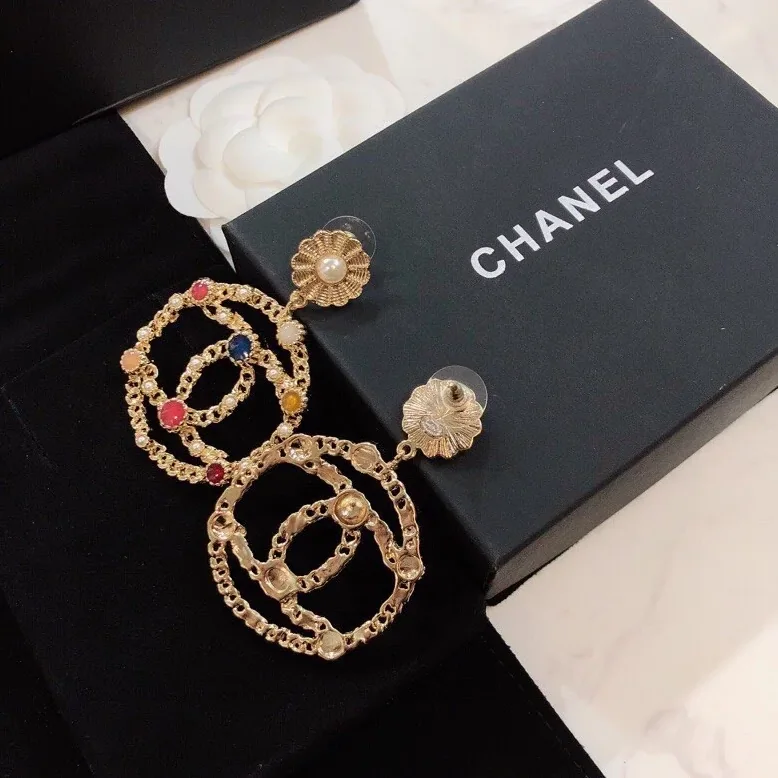 Chanel Douple C Small Chain Earrings Gold Tone