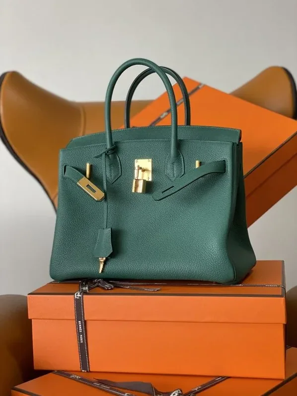 Hermes Birkin Top Handle Bag / Nata Swift Dark Green Gold Hardware