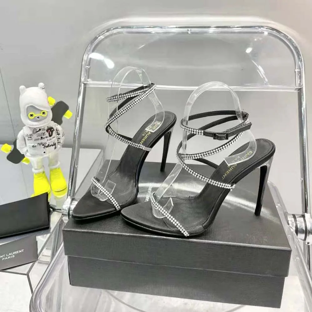 Saint Laurent YSL Georgia Sandals in Crepe Satin with Rhinestones for Women