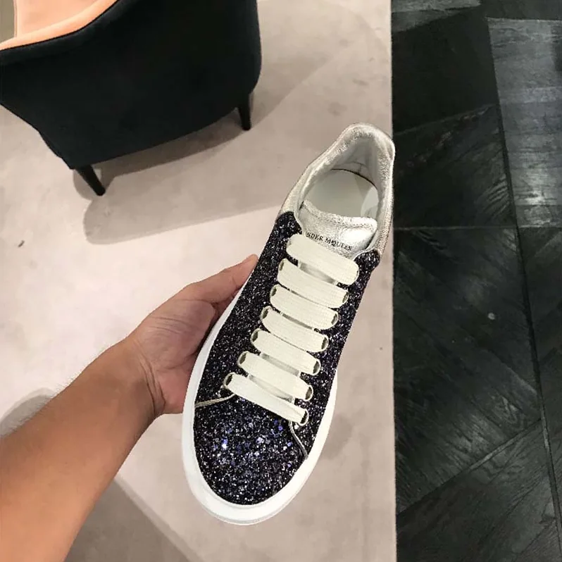 Alexander Mcqueen Midnight Blue Glitter Lace for Women in Up Oversized Sneaker