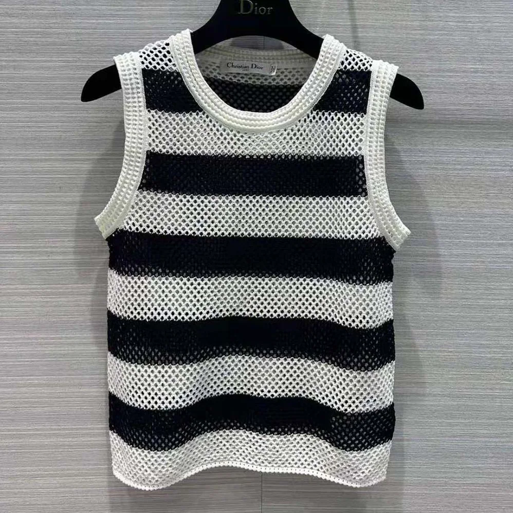 Dior Marinière Cardigan Top Navy Blue and White Openwork Cotton Knit for Women Dior Marinière Cardigan Top Navy Blue and White Openwork Cotton Knit for Women