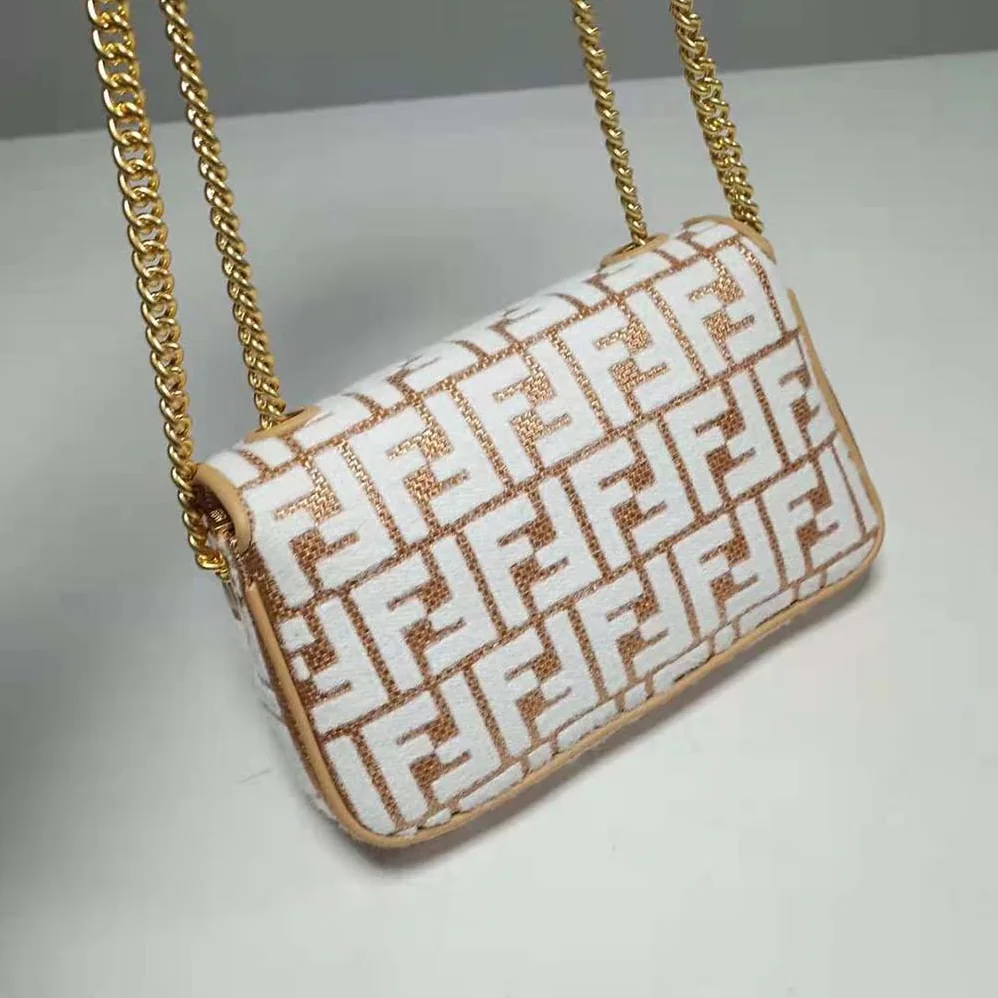 Fendi Baguette Chain Midi Raffia Bag with White Tapestry Fabric FF Motif for Women