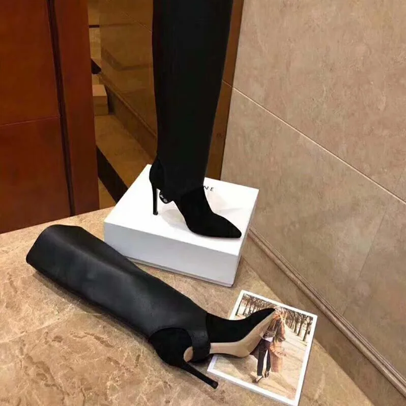 Jimmy Choo Shoes Hurley 100 Black Suede and Calf Leather Two-Piece Knee for Women in High Booties Jimmy Choo Shoes Hurley 100 Black Suede and Calf Leather Two-Piece Knee for Women in High Booties