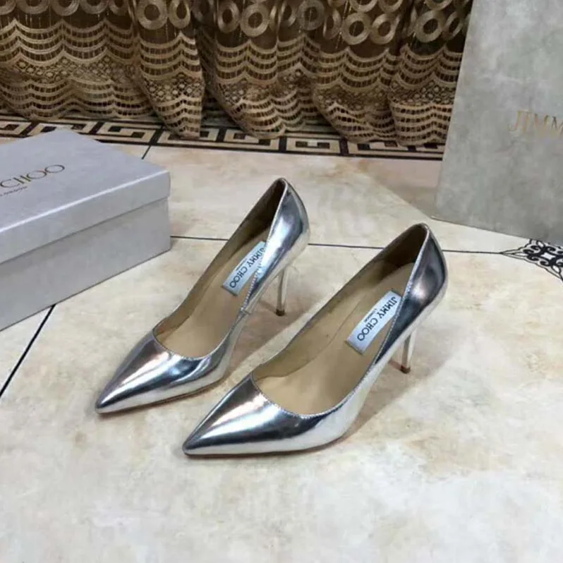 Jimmy Choo Shoes Romy 85 Silver Liquid Mirror Leather Pointy Toe Pumps for Women