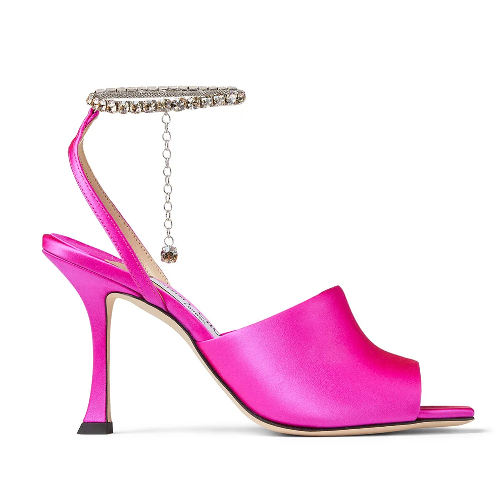 Jimmy Choo Sae 90 Fuchsia Satin Sandals with Crystal Chain Embellishment for Women Jimmy Choo Sae 90 Fuchsia Satin Sandals with Crystal Chain Embellishment for Women