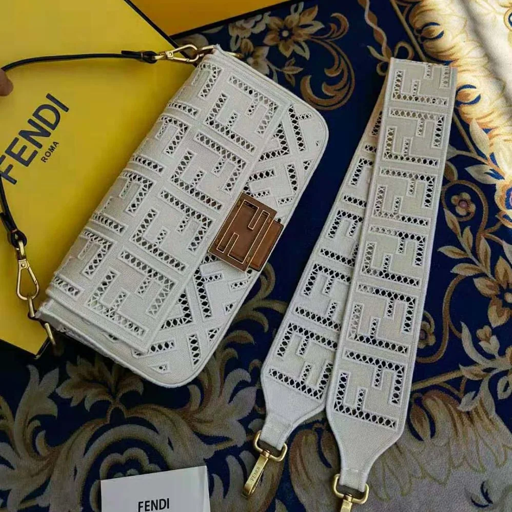 Fendi Baguette Canvas Bag with Embroidery for Women in White Fendi Baguette Canvas Bag with Embroidery for Women in White