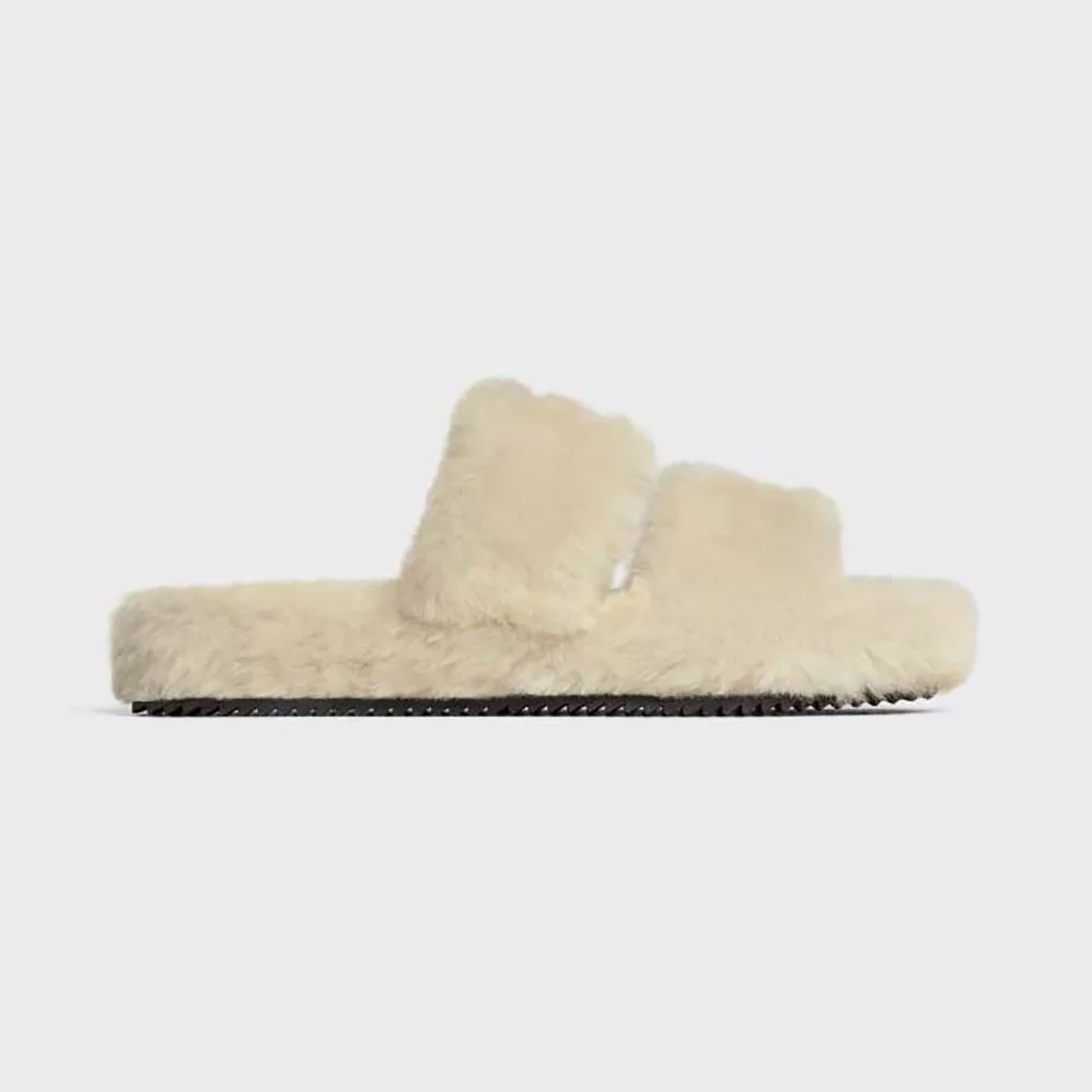 Celine Fur Slides Triomphe Open Slides in Shearling for Women