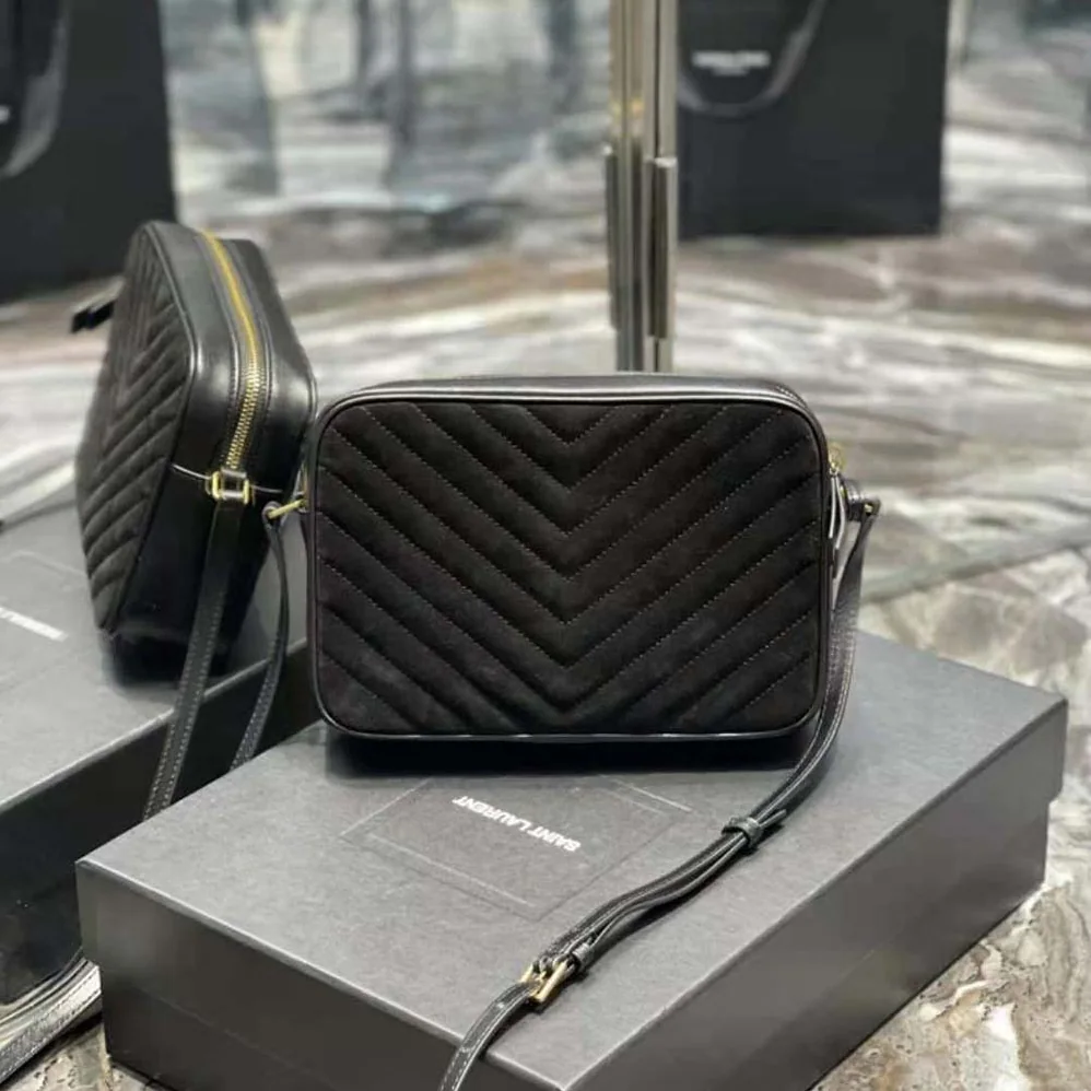 Saint Laurent YSL Lou Camera Bag in Quilted Suede and Smooth Leather for Women in Black
