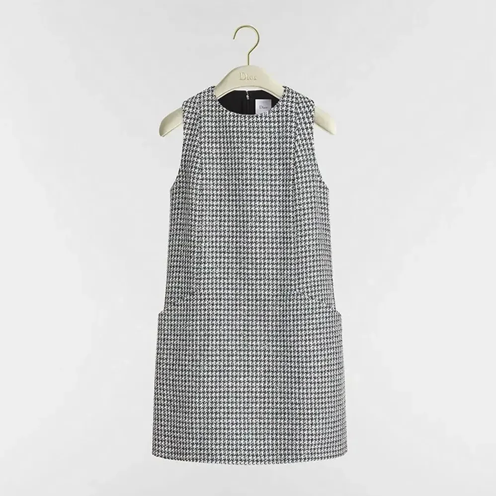 Dior Straight Dress Black and White Houndstooth Virgin Wool Blend with Multicolor Sequins for Women
