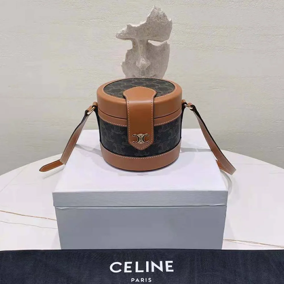 Celine Small Tambour Bag in Triomphe Canvas and Calfskin for Women in Brown