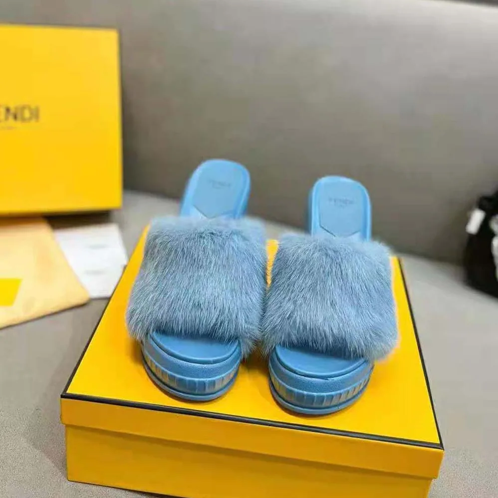 Fendi Fashion Show Blue Mink Slides for Women