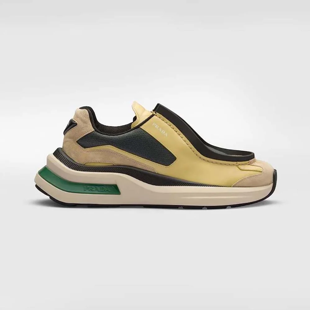 Prada Systeme Brushed Leather Sneakers with Bike Fabric and Suede Elements for Men in Yellow