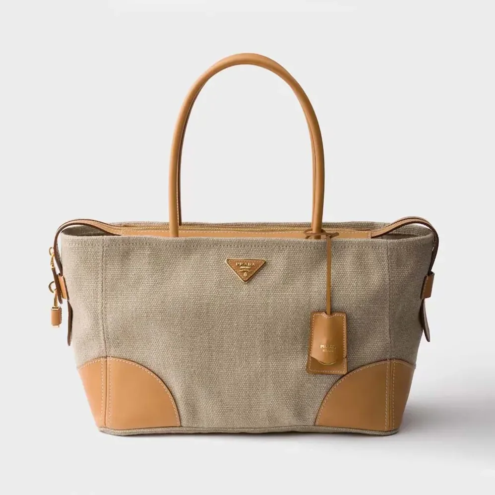 Prada Large Linen And Leather Tote Bag for Women in Rope/Natural Prada Large Linen And Leather Tote Bag for Women in Rope/Natural