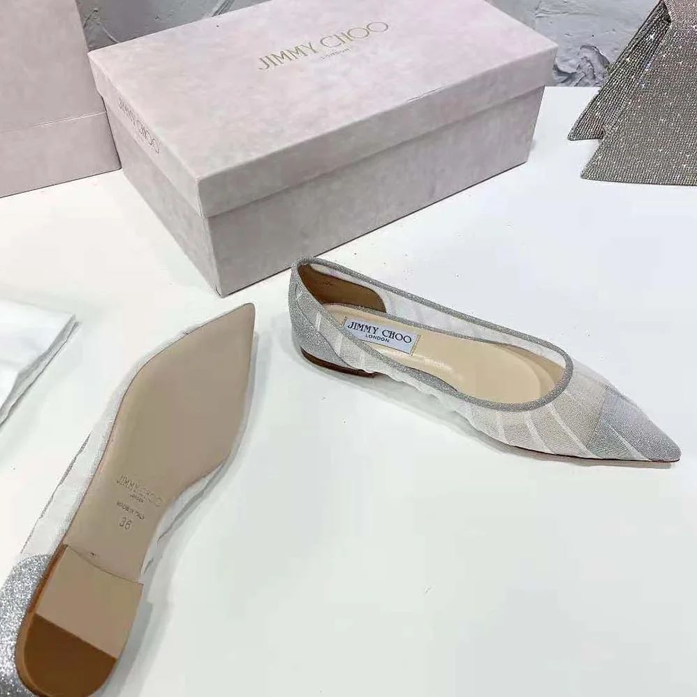 Jimmy Choo Love Flat Metallic Silver Glitter Fabric Flats for Women Jimmy Choo Love Flat Metallic Silver Glitter Fabric Flats for Women