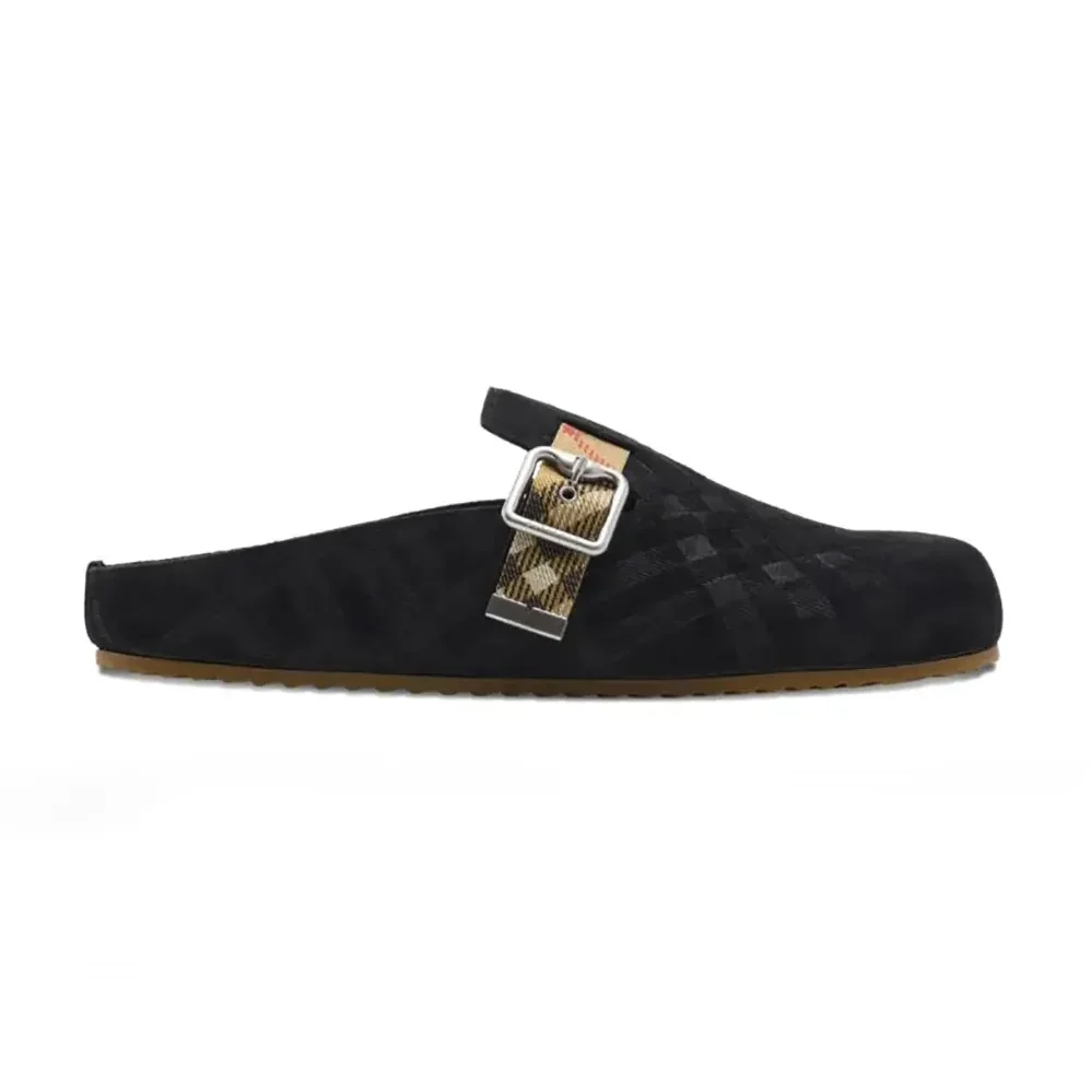 Burberry Check Denim Urchin Clogs for Unisex in Black Burberry Check Denim Urchin Clogs for Unisex in Black