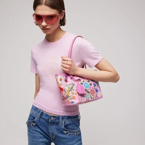 Gucci Tribeca Small Tote Bag / Pink/ Multicolor Gucci Flora Coated Canvas Palladium Hardware A0034E FAF8S 8642 Gucci Tribeca Small Tote Bag / Pink/ Multicolor Gucci Flora Coated Canvas Palladium Hardware A0034E FAF8S 8642