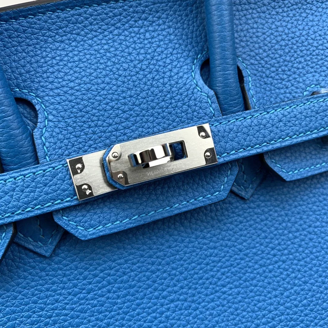 Hermes Birkin Top Handle Bag / Nata Togo Leather Blue Silver Hardware