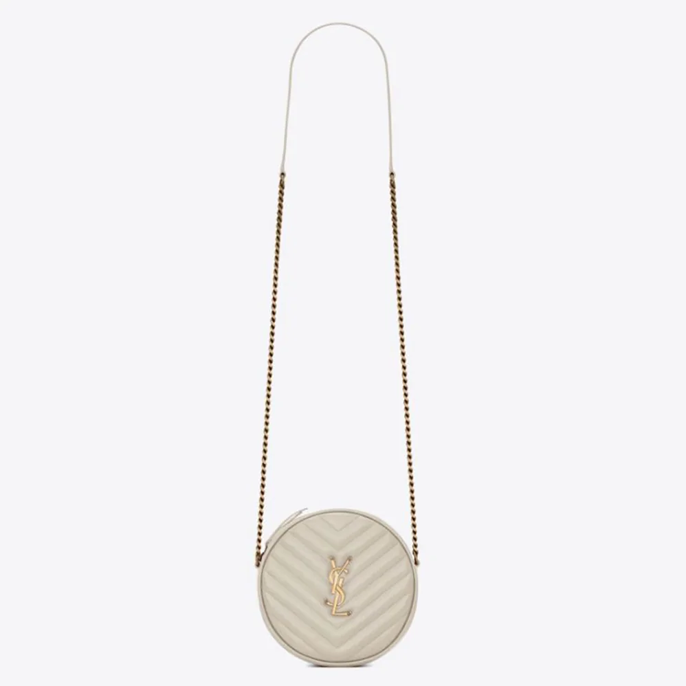 Saint Laurent YSL Vinyle Round Camera Bag in Chevron-Quilted Grain de Poudre Embossed Leather for Women in White