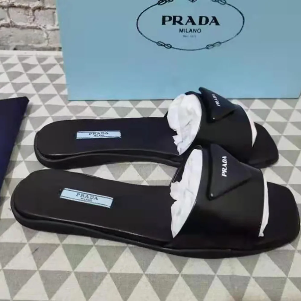 Prada Brushed Leather Slides Triangle Logo for Women in Black Prada Brushed Leather Slides Triangle Logo for Women in Black