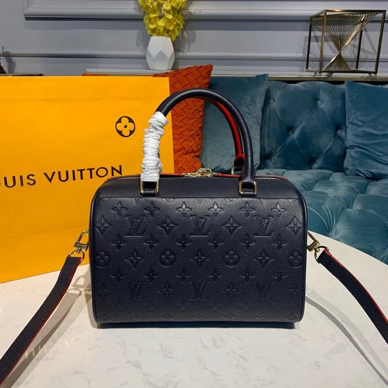 Louis Vuitton Speedy Bandouliere 25 Top Handle Bag / Navy Blue Monogram Empreinte Gold Hardware Louis Vuitton Speedy Bandouliere 25 Top Handle Bag / Navy Blue Monogram Empreinte Gold Hardware