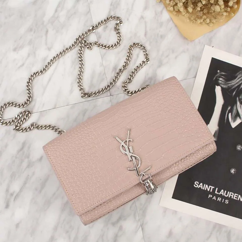Saint Laurent YSL Kate Small Tassel Embossed Crocodile Shiny Calfskin for Women in Pink