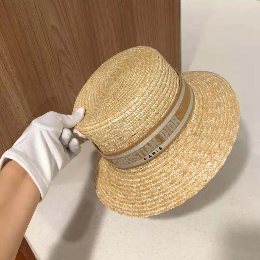 Dior Dioresort Small Brim Hat Natural Straw and Pink Embroidered Band for Women