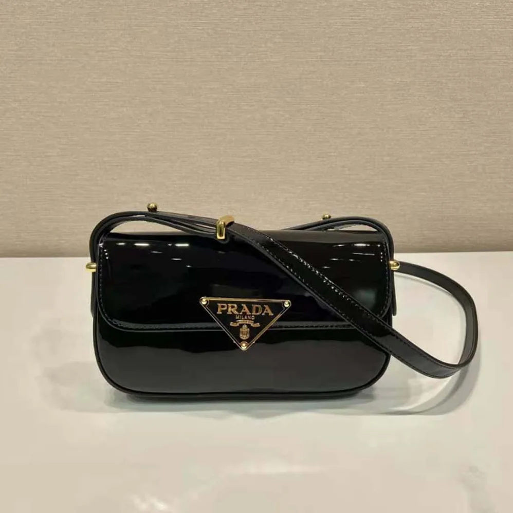 Prada Patent Leather Shoulder Bag with Flap for Women in Black