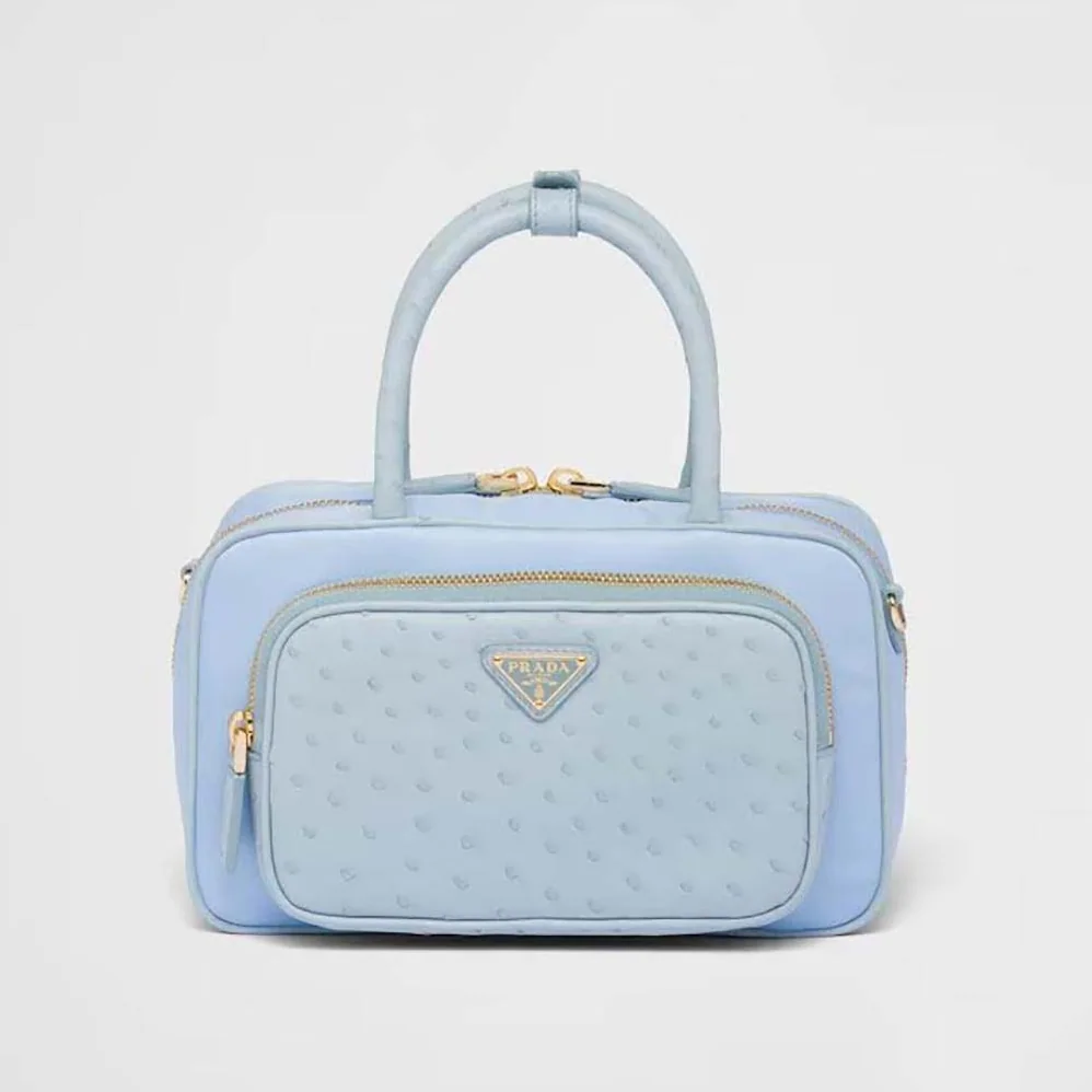 Prada Re-Nylon and Ostrich Leather Two-handle Bag for Women in Blue