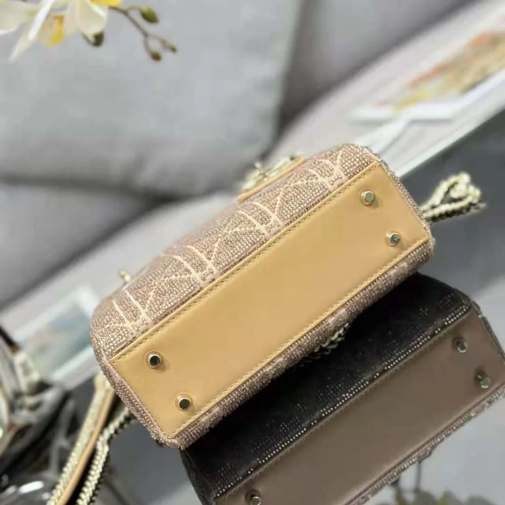 Dior Mini Lady D-joy Bag Caramel Beige Cannage Cotton Embroidered with Micropearls for Women