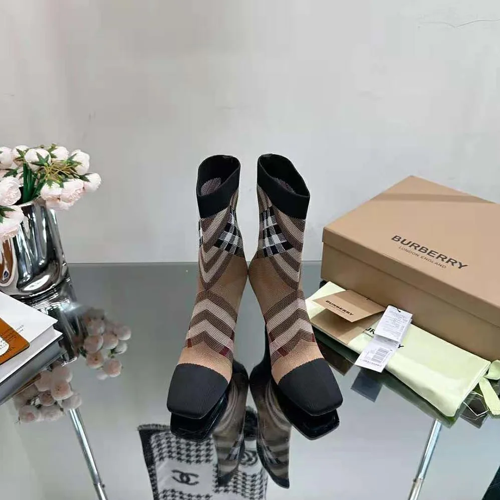 Burberry Knitted Check Sock Boots for Women in Black