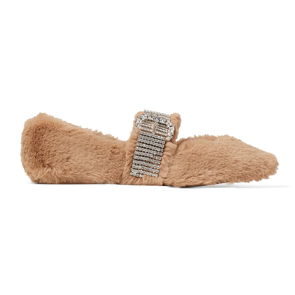 Jimmy Choo Krista Flat Latte Faux Fur Flats with Crystal for Women in Embellished Strap Jimmy Choo Krista Flat Latte Faux Fur Flats with Crystal for Women in Embellished Strap