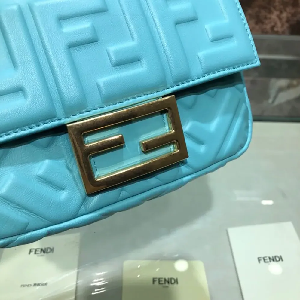 Fendi Baguette Mini Blue Nappa Leather Bag with FF Motif for Women