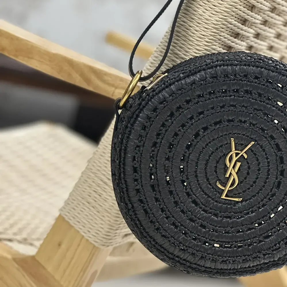 Saint Laurent YSL Round Bag in Raffia and Vegetable-Tanned Leather for Women in Black Saint Laurent YSL Round Bag in Raffia and Vegetable-Tanned Leather for Women in Black