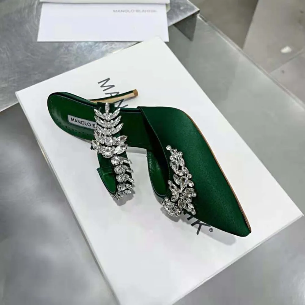 Manolo Blahnik Green Satin Crystal Embellished Mules for Women Manolo Blahnik Green Satin Crystal Embellished Mules for Women