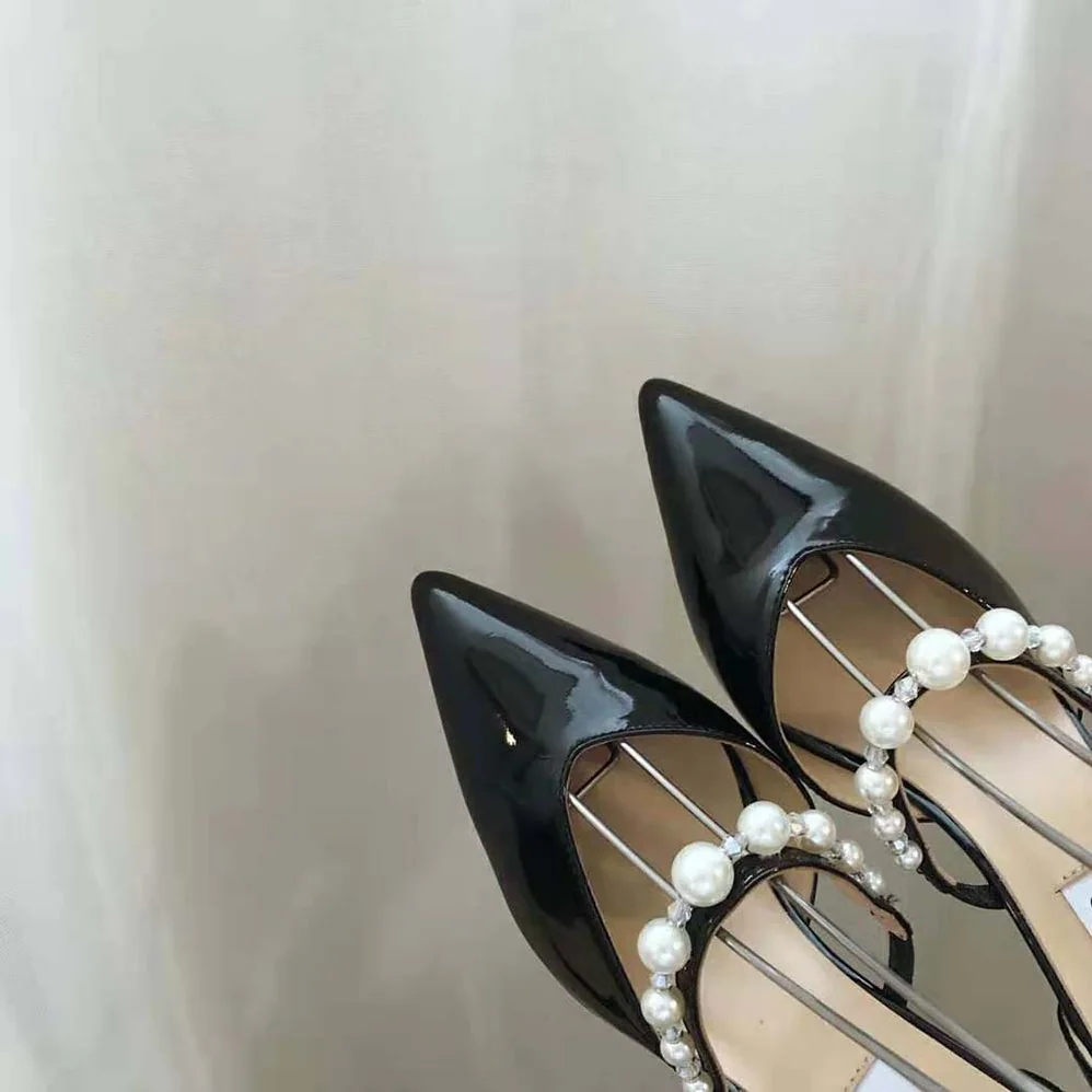 Jimmy Choo Aurelie 85 Black Patent Leather Pointed Pumps with Pearl Embellishment for Women Jimmy Choo Aurelie 85 Black Patent Leather Pointed Pumps with Pearl Embellishment for Women